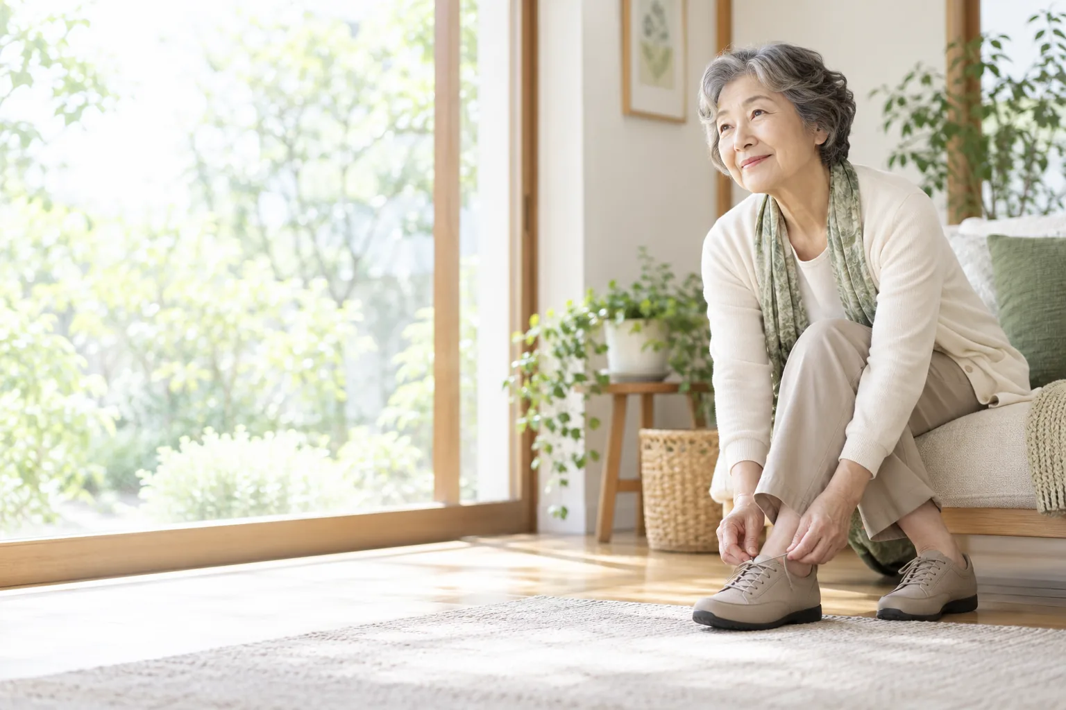 明るい窓辺で靴を履く女性のイメージ