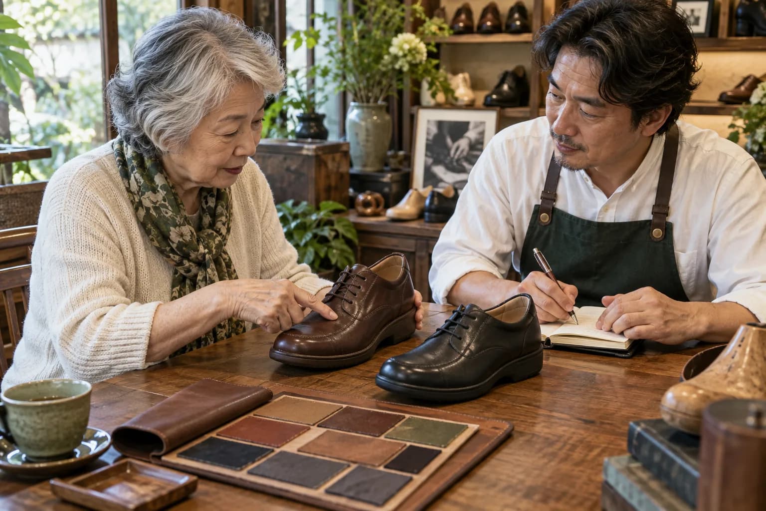 靴を前に、製作者と履き心地を確かめるイメージ