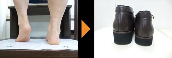 後ろから見た左右の足（左）と、その足に合わせてつくった茶色の靴（右）